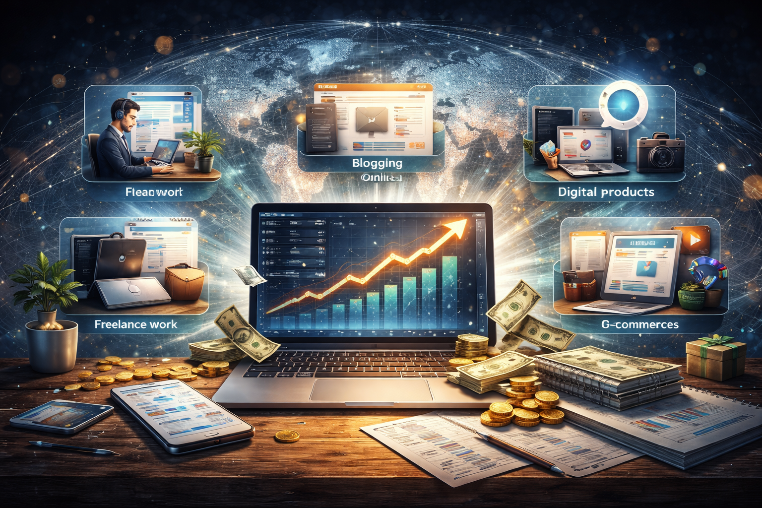 how to make money online with multiple digital income streams illustration