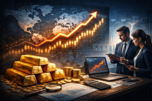 gold price forecast with rising gold market chart and precious metals investment concept