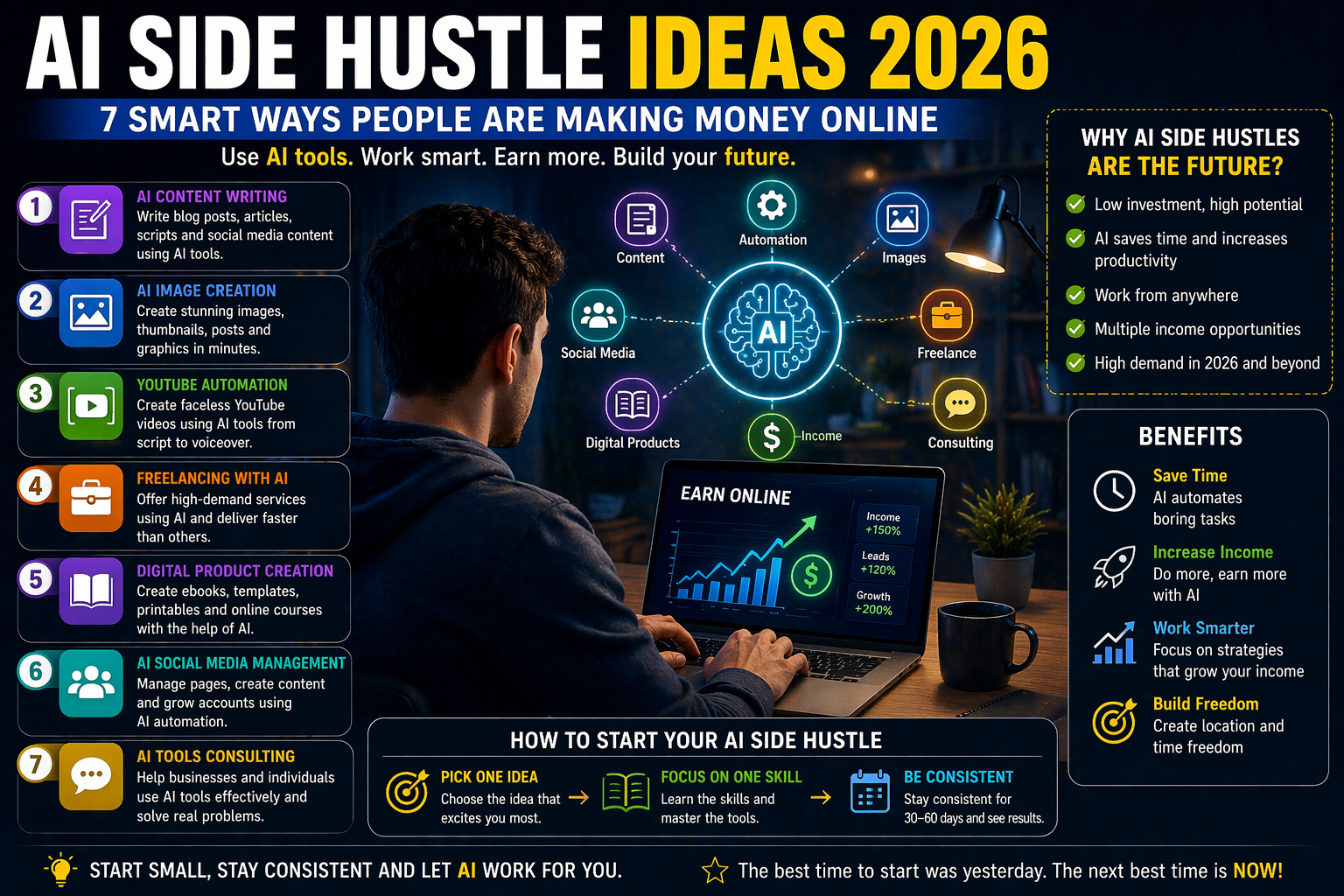ai side hustle ideas 2026 online earning with automation illustration