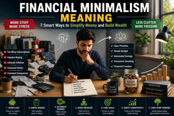 financial minimalism meaning simple money management and wealth illustration