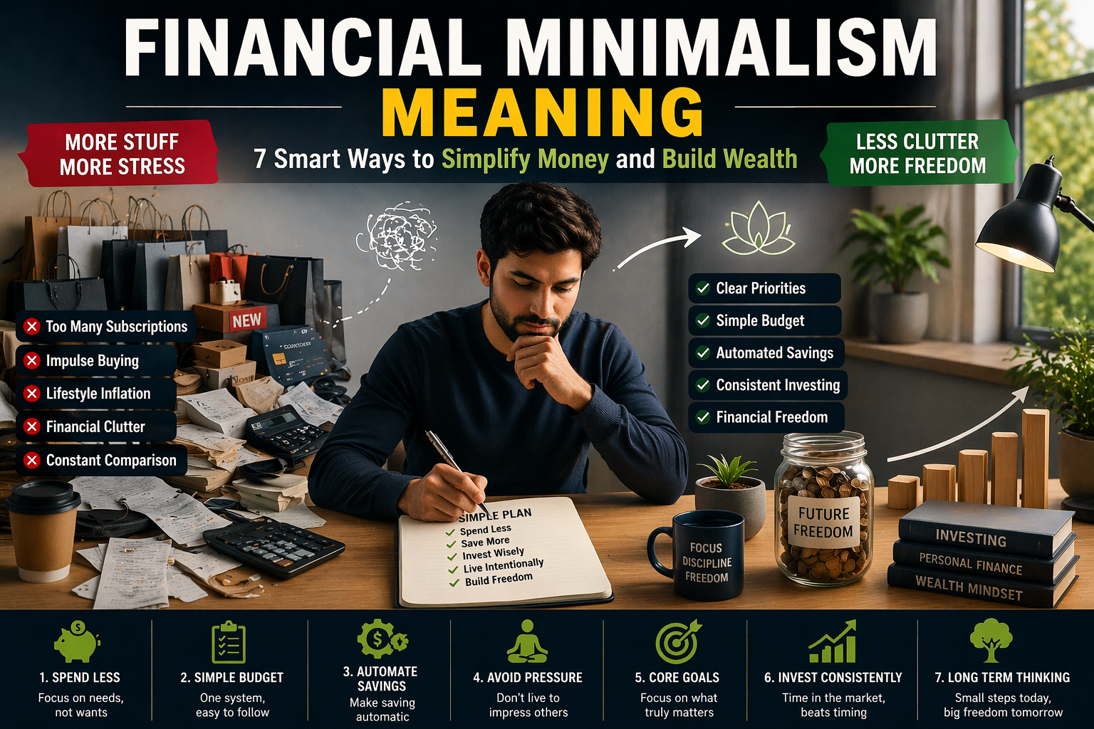 financial minimalism meaning simple money management and wealth illustration