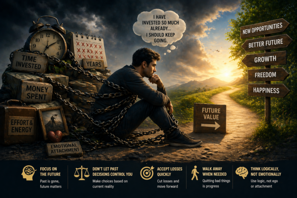 sunk cost fallacy meaning bad decisions psychology illustration