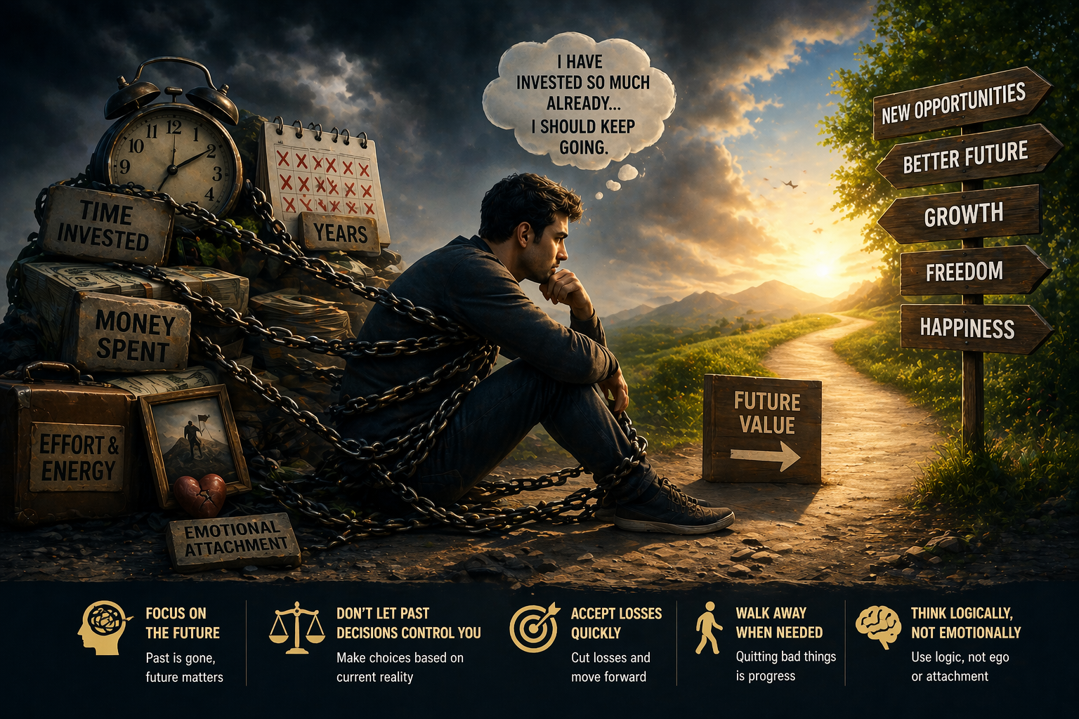 sunk cost fallacy meaning bad decisions psychology illustration