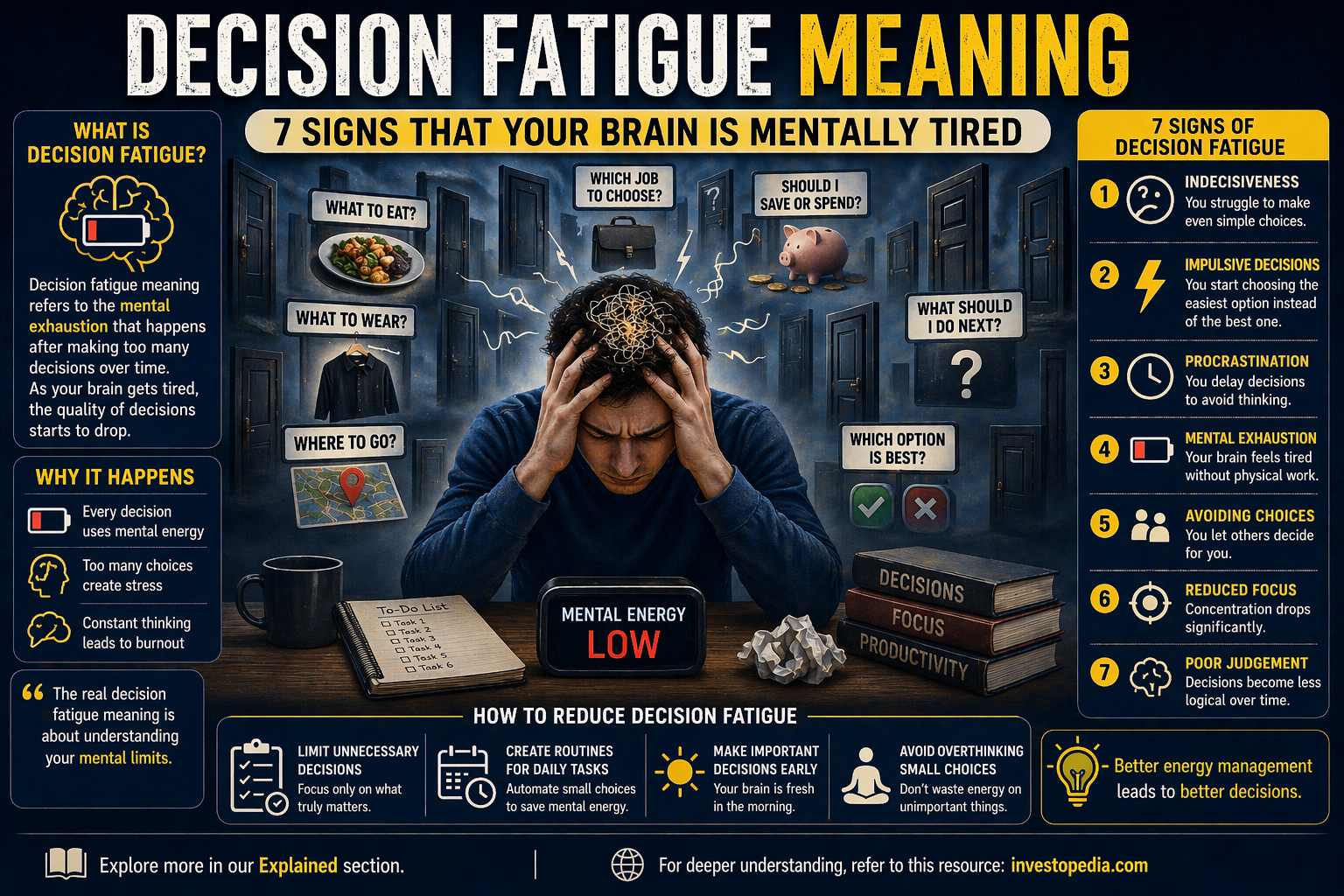 decision fatigue meaning mental overload and too many choices illustration