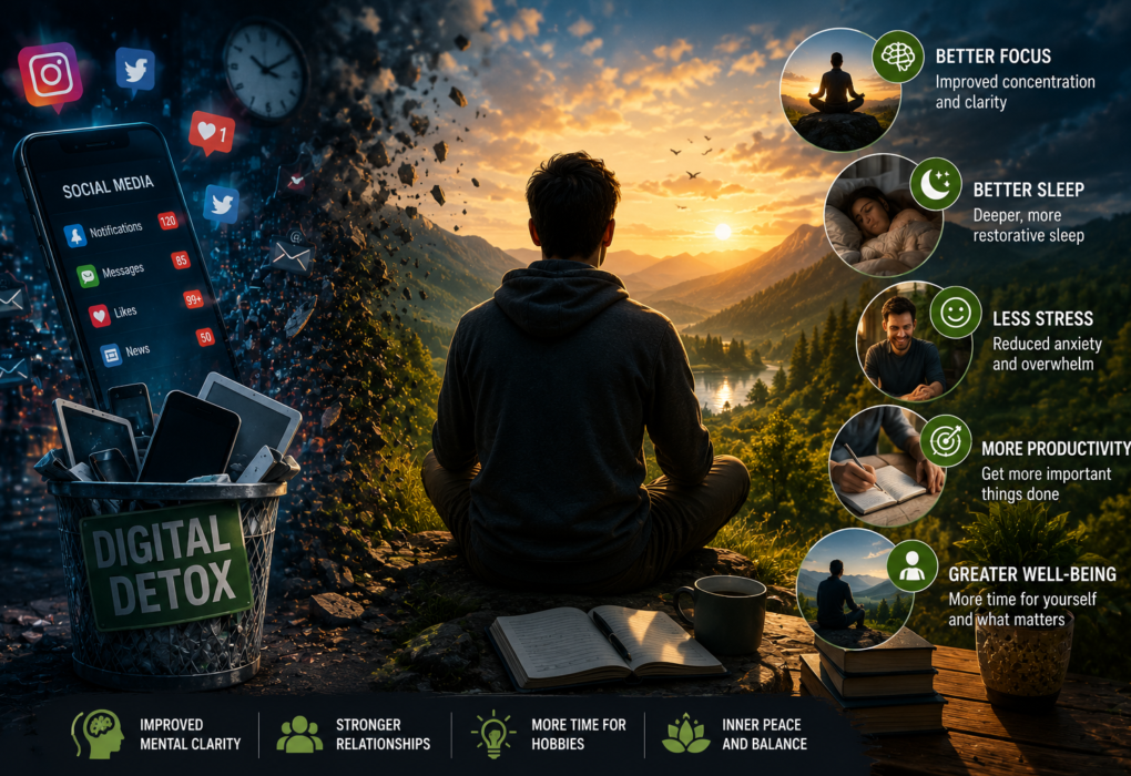 digital detox benefits improving focus sleep and mental wellness illustration