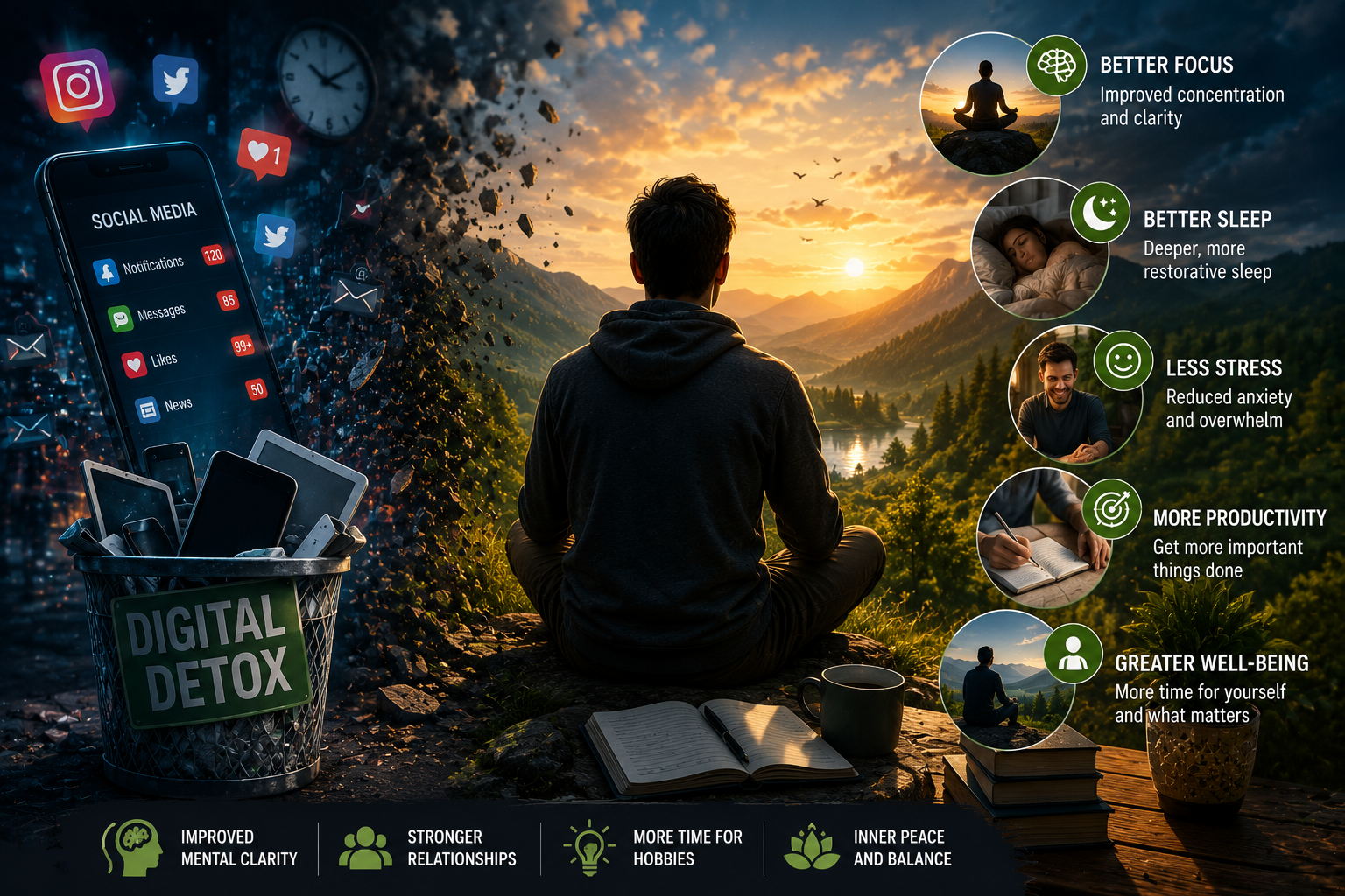digital detox benefits improving focus sleep and mental wellness illustration