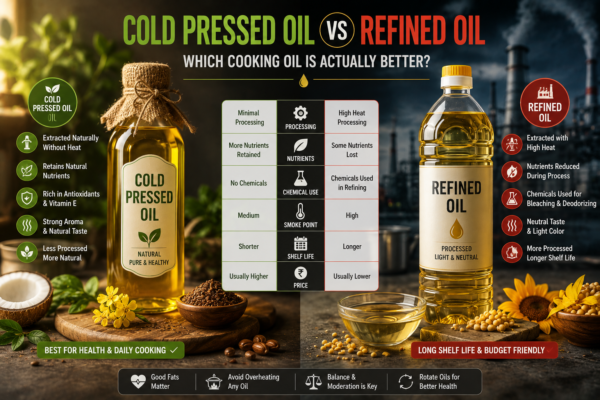 cold pressed oil vs refined oil healthy cooking comparison illustration