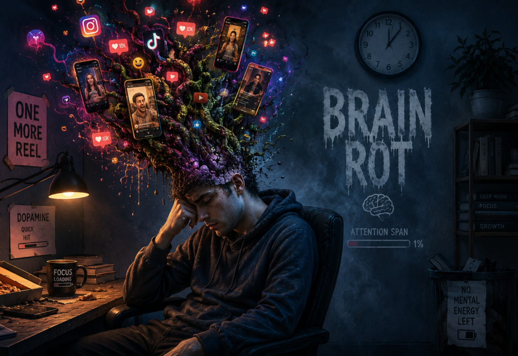 brain rot meaning short form content affecting attention span illustration
