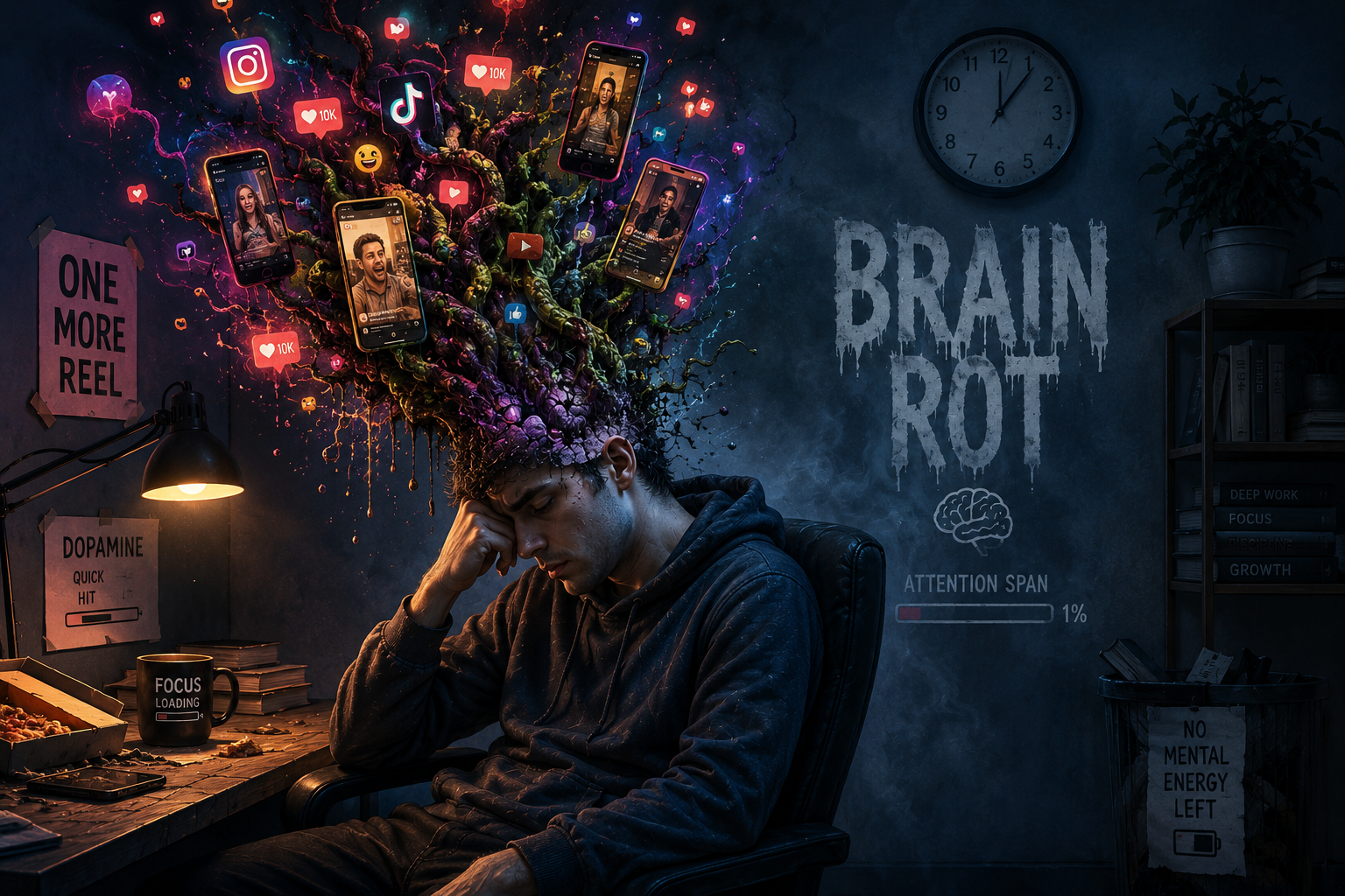 brain rot meaning short form content affecting attention span illustration