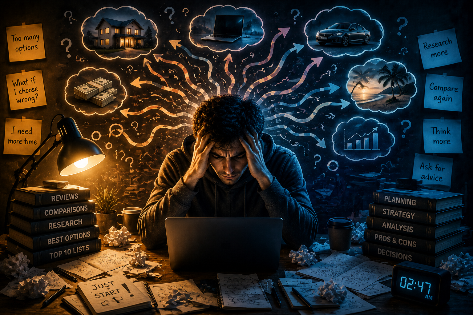 analysis paralysis meaning overthinking stopping action illustration