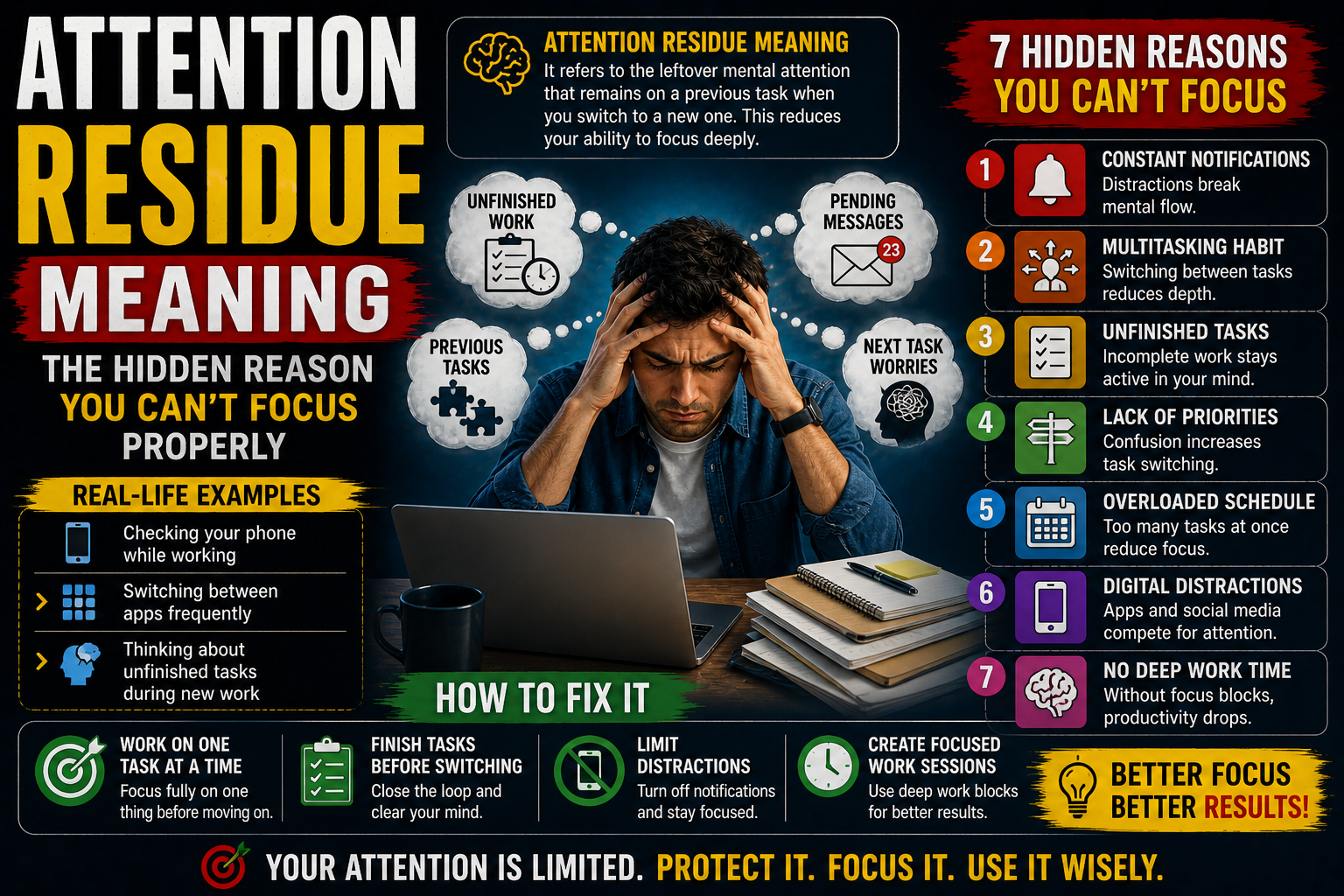 attention residue meaning multitasking and focus loss illustration