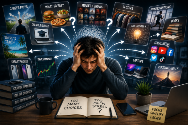 choice overload meaning too many options causing stress illustration