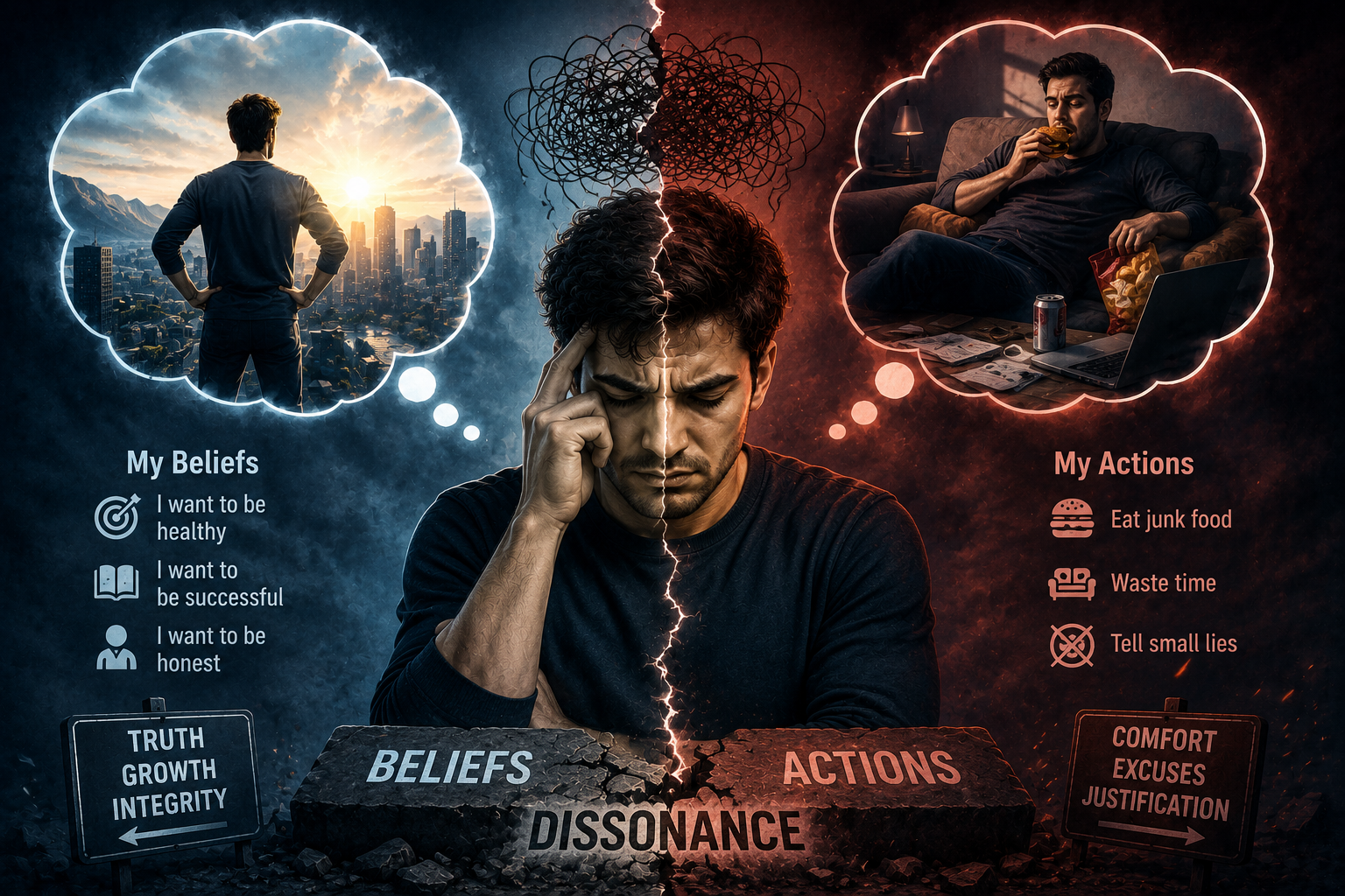 cognitive dissonance meaning mental conflict and self justification illustration
