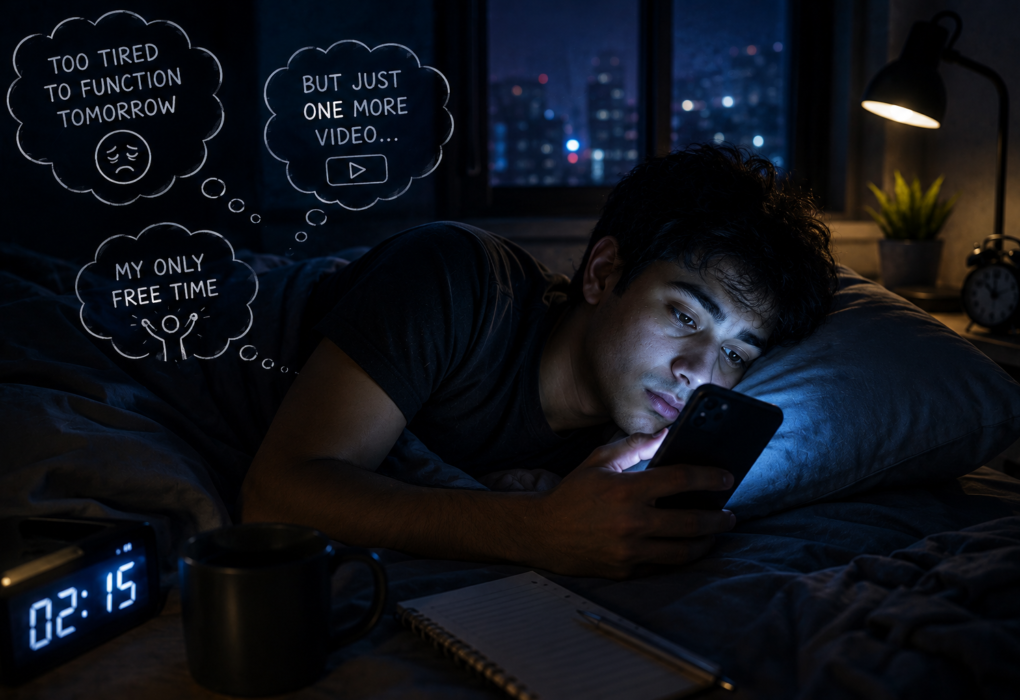 revenge bedtime procrastination meaning late night phone scrolling illustration