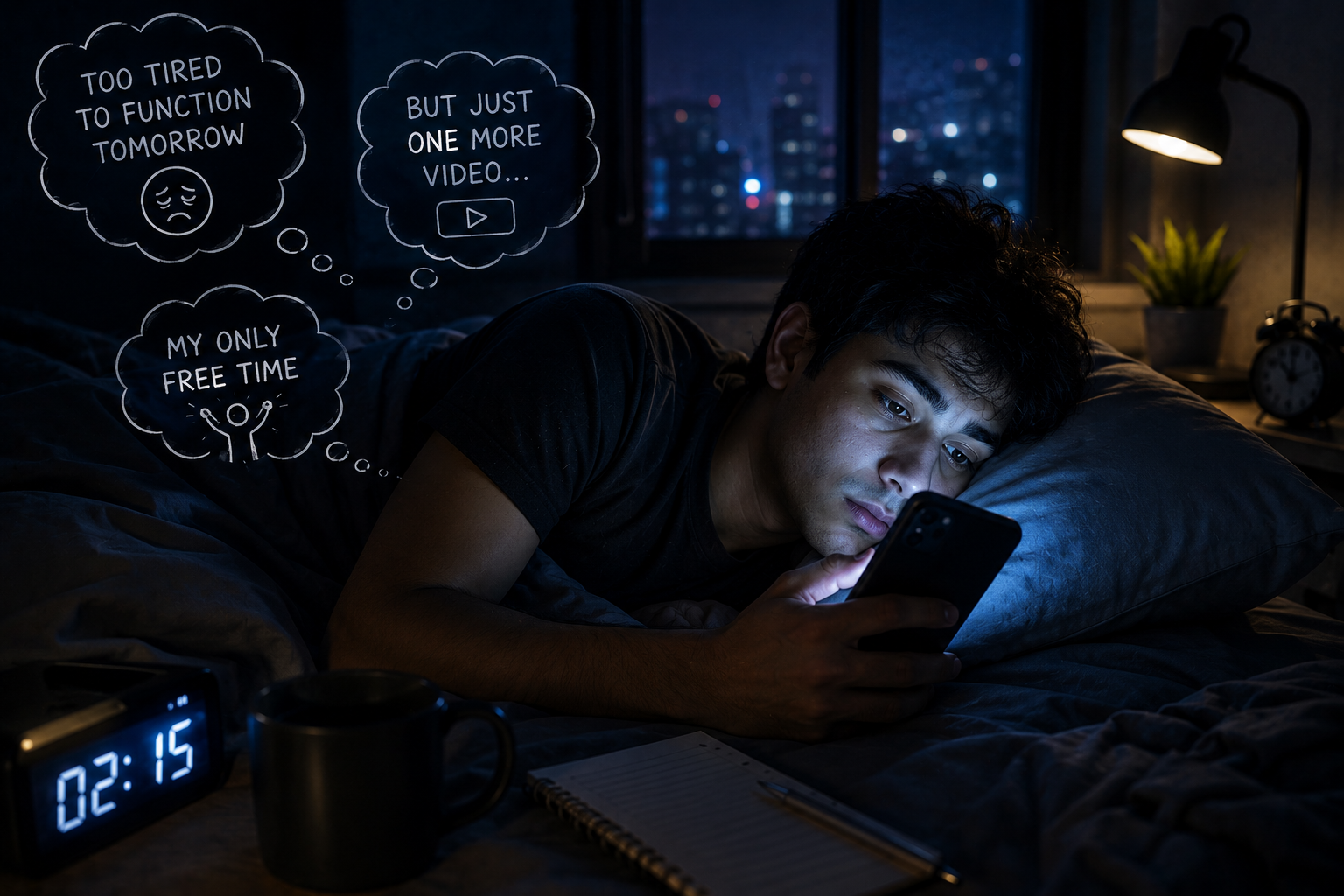 revenge bedtime procrastination meaning late night phone scrolling illustration
