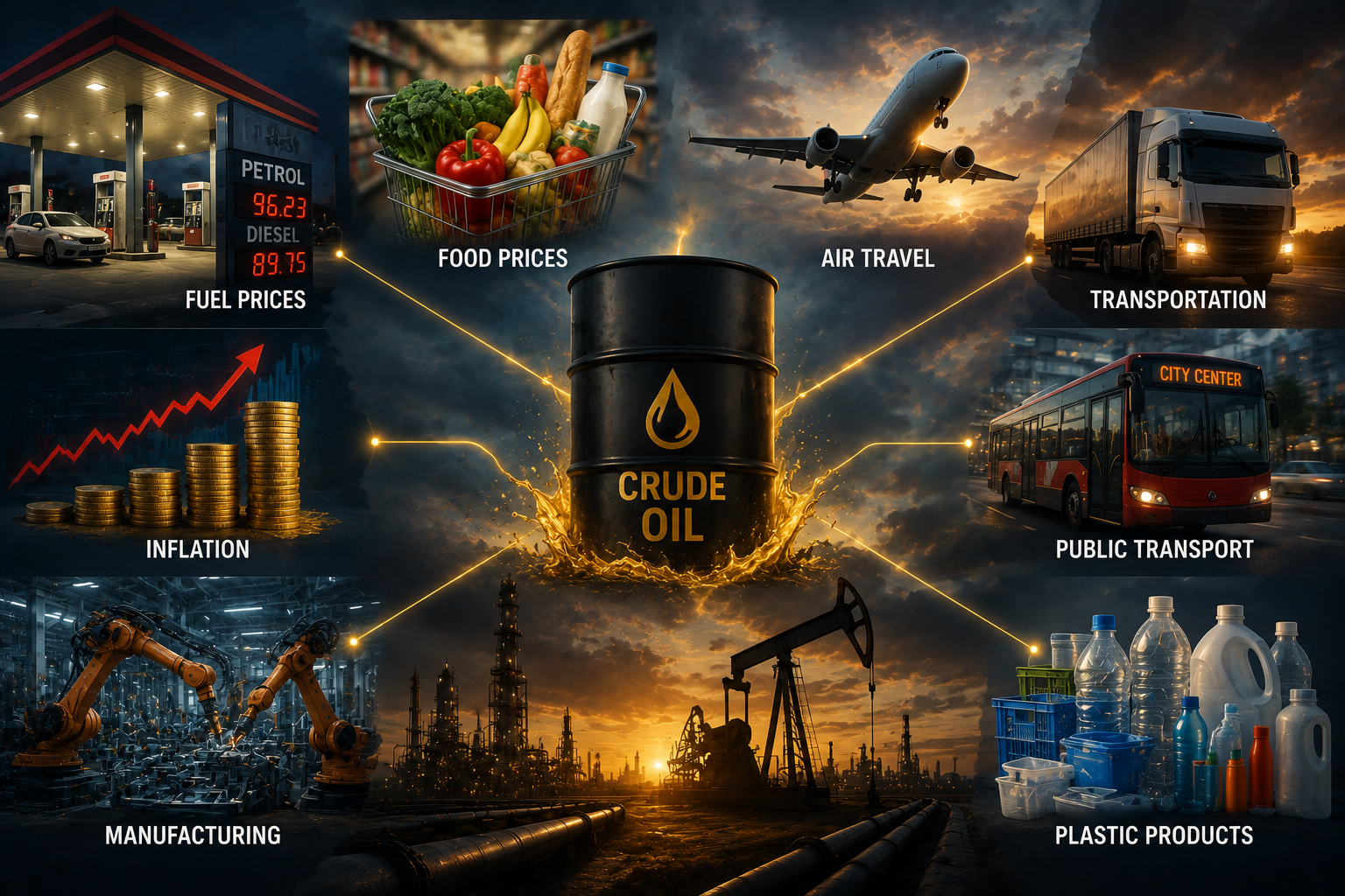 how crude oil affects everyday life fuel prices inflation and economy illustration
