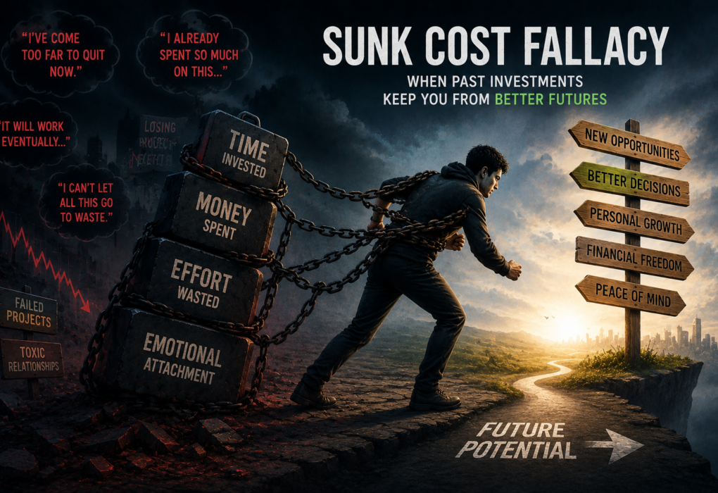 sunk cost fallacy meaning emotional attachment to bad decisions illustration