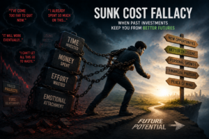 sunk cost fallacy meaning emotional attachment to bad decisions illustration