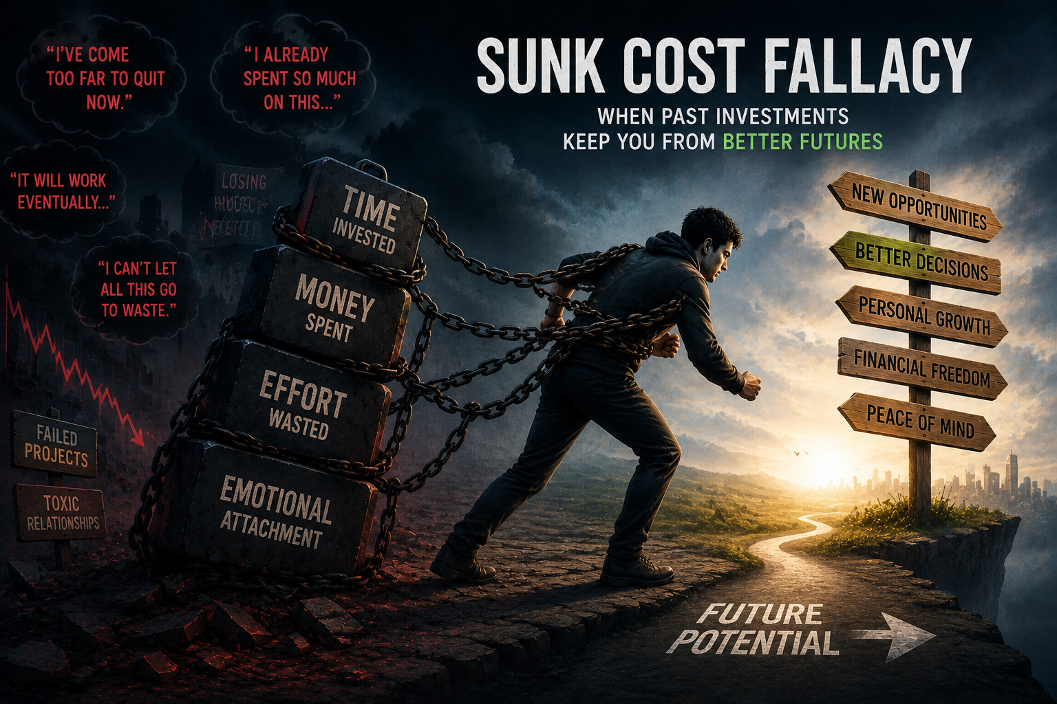 sunk cost fallacy meaning emotional attachment to bad decisions illustration
