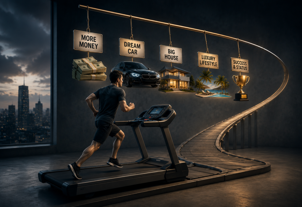 hedonic treadmill meaning chasing success without lasting happiness illustration