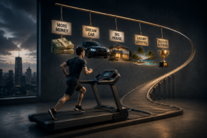 hedonic treadmill meaning chasing success without lasting happiness illustration
