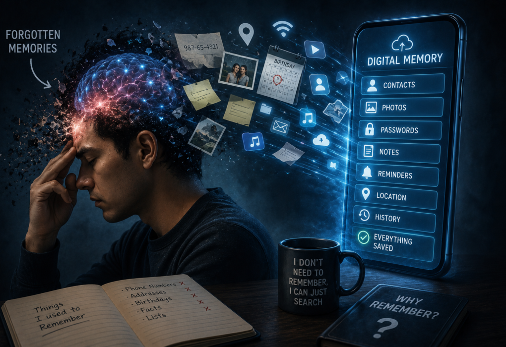 digital amnesia meaning smartphone replacing human memory illustration