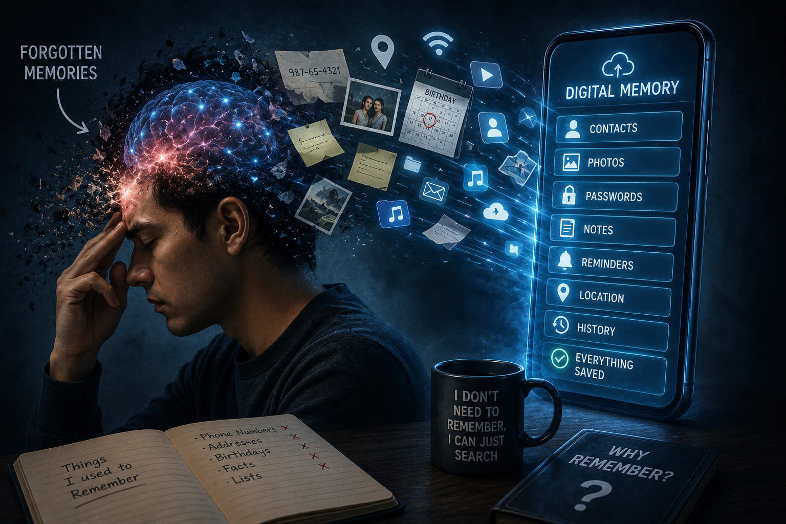 digital amnesia meaning smartphone replacing human memory illustration