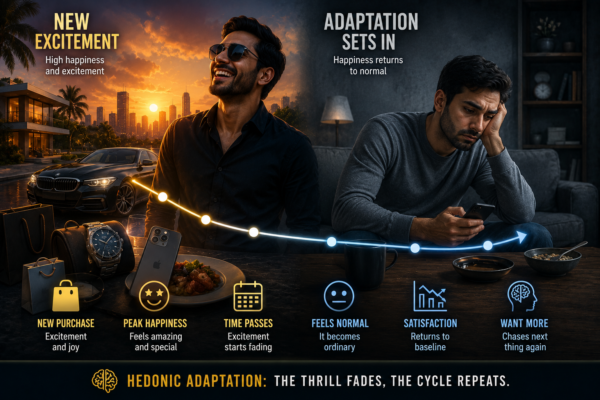 hedonic adaptation meaning temporary happiness after success illustration