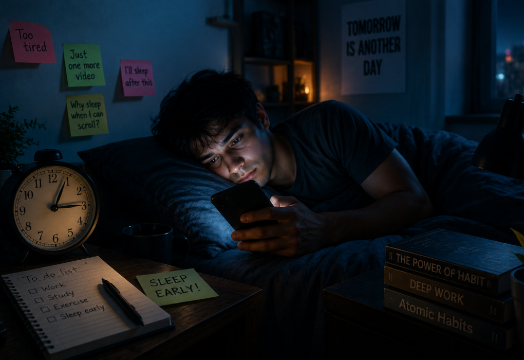 revenge bedtime procrastination meaning sleeping late due to digital habits illustration
