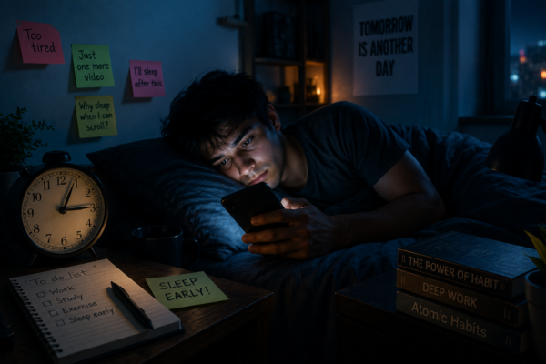 revenge bedtime procrastination meaning sleeping late due to digital habits illustration