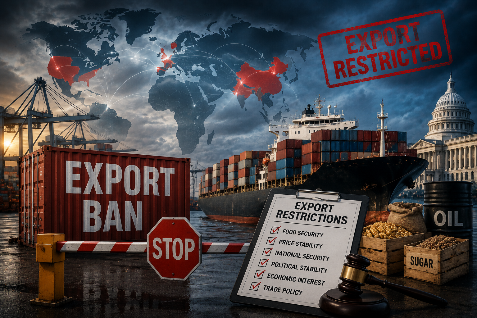 why countries ban exports global trade restrictions and political policy illustration
